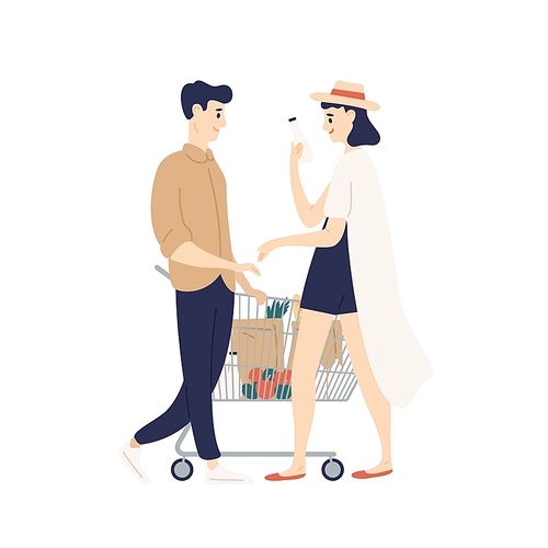 Cute funny young couple with shopping cart buying food at grocery store. Happy funny boy and girl at supermarket. Daily routine of modern romantic partners. Flat cartoon colorful vector illustration