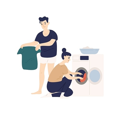 Adorable funny couple sorting clothes and putting it in washing machine. Cute smiling young man and woman doing laundry. Everyday life of modern spouses. Flat cartoon colorful vector illustration