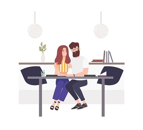 Lovely couple sitting at cafe table and embracing each other. Happy boyfriend and girlfriend. Young man and woman in love. Cute funny boy and girl on romantic date. Flat cartoon vector illustration