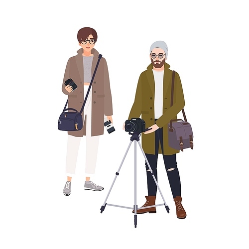 Photographer and his assistant isolated on white . Pair of photo journalists taking pictures. Funny man and woman photographing. Professional photography. Flat cartoon vector illustration