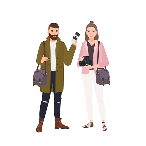 Portrait of cute smiling male and female photographers isolated on white . Pair of professional photo journalists with cameras standing together. Flat cartoon colorful vector illustration