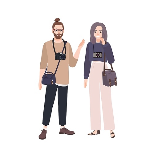 Happy funny man and woman photographers isolated on white . Pair of young photo journalists with professional equipment standing together. Flat cartoon colorful vector illustration