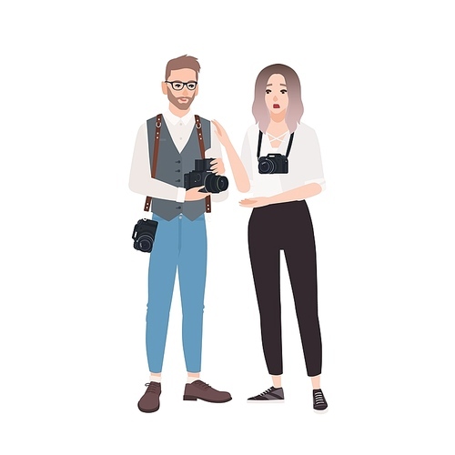 Cute man and surprised woman photographers isolated on white . Pair of funny photo journalists with professional equipment standing together. Flat cartoon colorful vector illustration