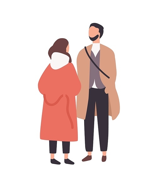 Young stylish man and woman standing and talking to each other. Funny boy and girl in trendy clothes. Fashionable people or customers waiting in queue. Flat cartoon colorful vector illustration