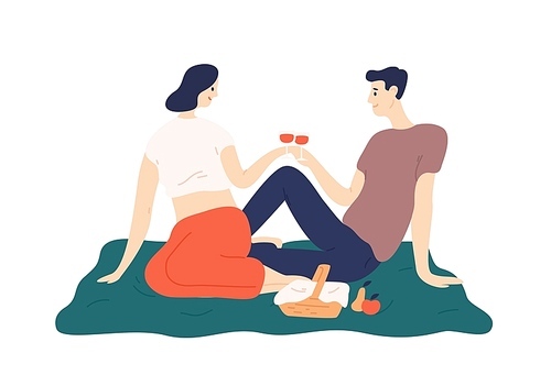 Cute couple drinking wine during romantic date outdoors. Portrait of boyfriend and girlfriend enjoying food at picnic. Man and and woman celebrating anniversary. Flat cartoon vector illustration