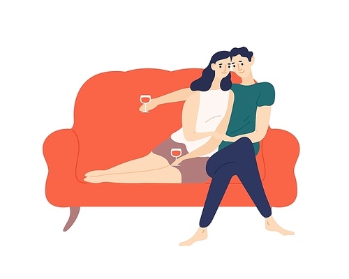 Cute couple sitting on sofa and drinking wine during romantic date. Portrait of boyfriend and girlfriend spending time together at home. Man and and woman in love. Flat cartoon vector illustration