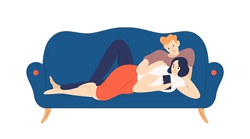 Lovely boy and girl lying on cozy couch and surfing internet o smartphone. Cute couple on comfy sofa. Young man and woman relaxing together at home in evening. Flat cartoon vector illustration