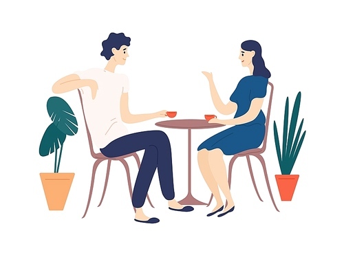 Cute couple sitting at table, drinking tea or coffee and talking. Young funny man and woman at cafe on date. Dialog or conversation between romantic partners. Flat cartoon vector illustration