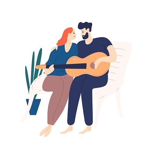 Lovely couple sitting on bench and playing guitar. Pair of young adorable man and woman cuddling and singing songs on romantic date. Boy and girl in love. Flat cartoon colorful vector illustration