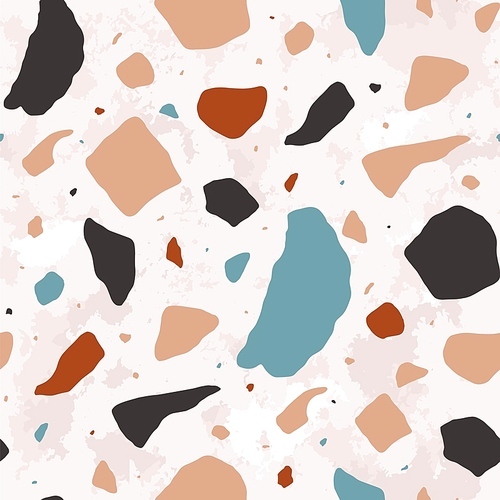 Terrazzo seamless pattern with motley stones. Abstract backdrop with colorful mineral rocks scattered on light background. Modern vector illustration for fabric , wrapping paper, flooring