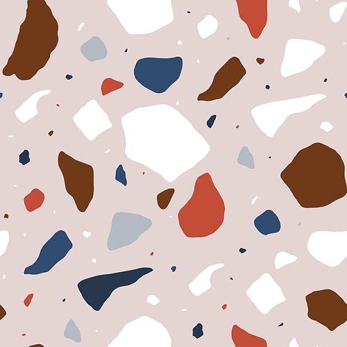 Terrazzo seamless pattern with colorful splinters or fragments. Decorative backdrop with stone pieces scattered on light background. Modern vector illustration for textile , wrapping paper