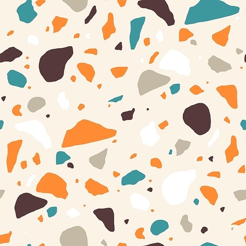 Terrazzo seamless pattern with motley stone or rock fractions. Elegant backdrop with mineral crumbs scattered on light background. Decorative vector illustration for textile , floor tiling