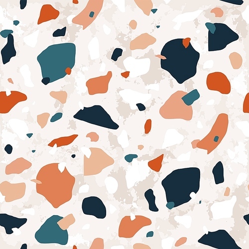 Terrazzo seamless pattern with motley rock crumbs or chips. Traditional Italian backdrop with stone fragments scattered on light background. Natural vector illustration for textile print, wallpaper