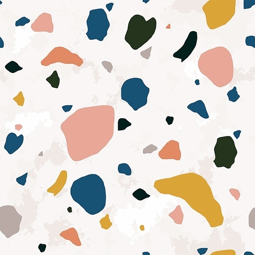 Terrazzo seamless pattern with vivid stone or rock crumbs. Elegant backdrop with mineral pieces scattered on light background. Stylish vector illustration for wrapping paper, fabric , floor tile