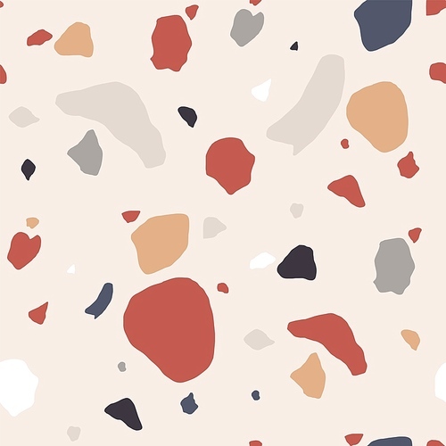 Terrazzo seamless pattern with motley rock splinters. Trendy backdrop with stone crumbs or sprinkles scattered on light background. Modern vector illustration for wallpaper, textile , flooring