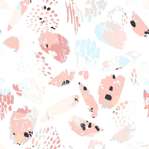 Abstract artistic seamless pattern with trendy hand drawn textures, spots, brush strokes. Modern abstract design for paper, cover, fabric, interior decor and other users.