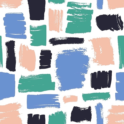 Motley seamless pattern with pink, black, blue and green brush strokes on white background. Modern backdrop with paint traces or daub. Hand painted vector illustration for wrapping paper, wallpaper