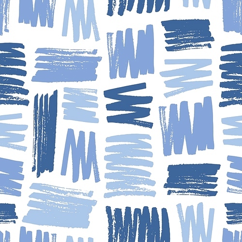 Creative seamless pattern with rough blue brush strokes on white background. Cool artistic backdrop with paint traces, smears, smudges. Vector illustration in modern style for wallpaper, fabric