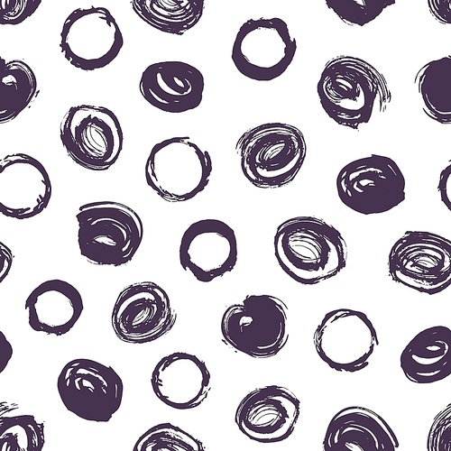 Modern seamless pattern with black round paint marks on white background. Hand painted backdrop with circular brush strokes or scribble. Decorative vector illustration for wrapping paper, wallpaper