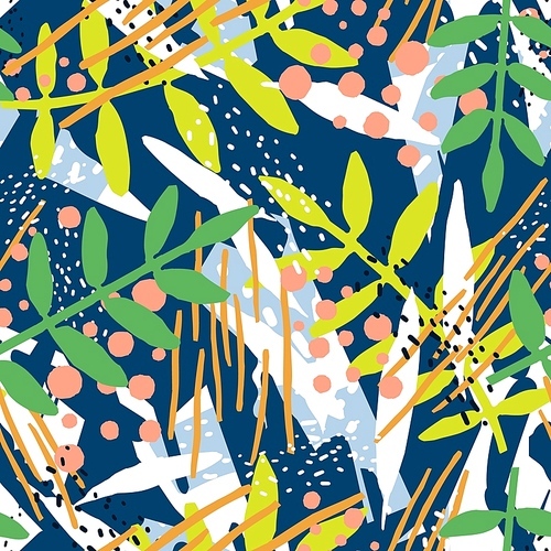 Abstract seamless pattern with branches of exotic plant and chaotic abstract stains. Backdrop with leaves and berries. Vibrant vector illustration in modern style for wrapping paper, wallpaper