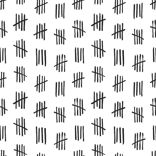 Seamless pattern with crossed out lines or tally marks on white background. Backdrop with simple mathematical count. Monochrome vector illustration for wrapping paper, textile , wallpaper