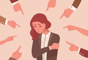 Unhappy young woman surrounded by hands with index fingers pointing at her. Concept of victim blaming, public disapproval, humiliation, abjection, guilt. Flat cartoon colorful vector illustration