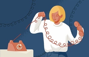 Young woman holding telephone with torn wire. Concept of break up, cessation of communication or connection, disconnect, breaking of unnecessary social ties. Flat cartoon colorful vector illustration