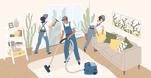 Group of people dressed in uniform making cleanup of room. Team of cleaning service workers, home cleaners or housekeepers vacuuming floor and washing window. Flat cartoon vector illustration