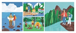Collection of scenes with friends hiking or backpacking in forest or woods at river or sea. Set of young tourists or backpackers on camping trip, adventure travel. Flat cartoon vector illustration
