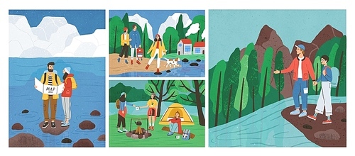 Collection of scenes with friends hiking or backpacking in forest or woods at river or sea. Set of young tourists or backpackers on camping trip, adventure travel. Flat cartoon vector illustration