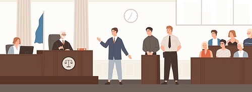 Advocate or barrister giving speech in courtroom in front of judge and jury. Legal defence, public hearing and criminal procedure at court or tribunal. Flat cartoon colorful vector illustration