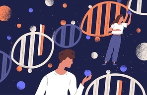 DNA molecules, man and women holding genes. Concept of scientific research in ancestry genetics, genomics, genome mutations, heredity or biological inheritance. Flat cartoon vector illustration