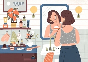 Cute young woman standing in front of mirror and cleansing or moisturizing her skin. Everyday personal care, skincare daily routine, hygienic procedure. Flat cartoon colorful vector illustration