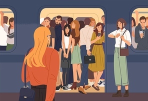Young woman trying to enter subway train car full of people. Overcrowded underground or metro. Problem of city overpopulation and urban transportation. Flat cartoon colorful vector illustration