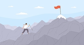 Man travelling through mountain ridge to final destination point. Office worker climbing up cliffs. Concept of business goal achievement, career journey. Flat cartoon colorful vector illustration