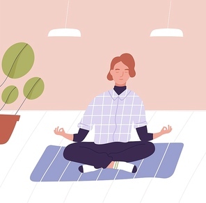 Young man with closed eyes sitting cross legged and meditating. Business meditation, office relaxation technique, mindfulness, spiritual practice at work. Flat cartoon colorful vector illustration
