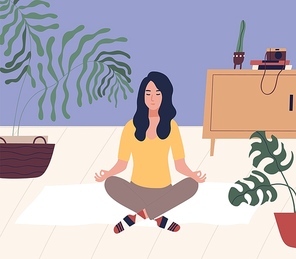 Young woman with closed eyes sitting cross legged on floor and meditating. Meditation, relaxation at home, spiritual practice, yoga and breathing exercise. Flat cartoon colorful vector illustration