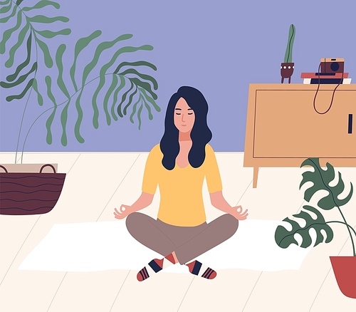 Young woman with closed eyes sitting cross legged on floor and meditating. Meditation, relaxation at home, spiritual practice, yoga and breathing exercise. Flat cartoon colorful vector illustration