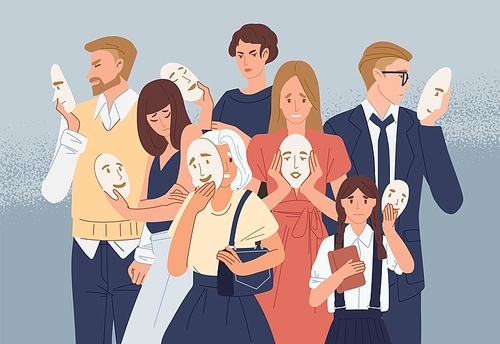 Group of people covering their faces with masks expressing positive emotions. Concept of hiding personality or individuality, psychological problem. Flat cartoon colorful vector illustration
