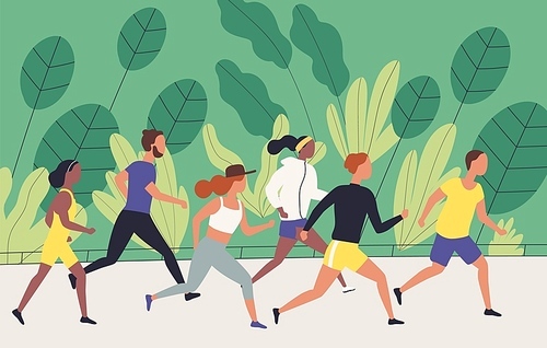 Men and women dressed in sportswear jogging or running through park. Sports competition, outdoor workout or exercise, athletics. Healthy active lifestyle. Flat cartoon colorful vector illustration