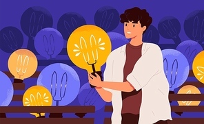 Young happy man holding lightbulb. Smiling boy with light bulb. Concept of generation of innovative ideas, creative thought, creativity and imagination. Flat cartoon colorful vector illustration