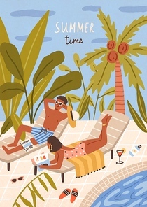Adorable happy young man and woman lying on sun loungers, sunbathing and reading books and magazines beside outdoor swimming pool. Summer vacation at tropical resort. Flat cartoon vector illustration