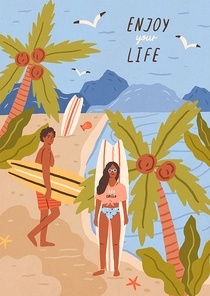 Cute happy young man and woman with surfboards on tropical sandy beach. Pair of smiling surfers on sea or ocean coast. Summer vacation at exotic resort. Flat cartoon colorful vector illustration