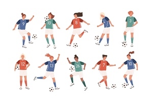 Collection of funny female football players isolated on white background. Bundle of cute happy women playing soccer. Set of teenage girls kicking ball. Flat cartoon colorful vector illustration