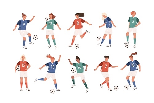 Collection of funny female football players isolated on white . Bundle of cute happy women playing soccer. Set of teenage girls kicking ball. Flat cartoon colorful vector illustration