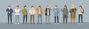 Collection of people in protective face dust masks. Bundle of men and women wearing protection from urban air pollution, smog, vapor, pollutant gas emission. Flat cartoon coloful vector illustration