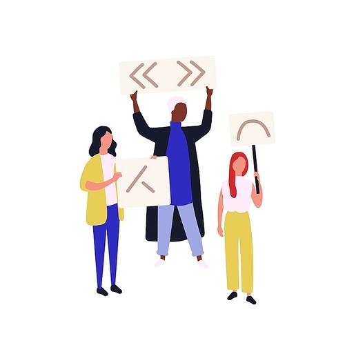 Group of political activists or demonstrators holding banners or placards. People taking part in social protest meeting, demonstration, picketing, rally or march. Flat cartoon vector illustration