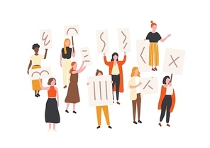 Crowd of protesting women holding banners and placards. Feminism activists taking part in political mass meeting, parade or rally. Group of feminist protesters. Flat cartoon vector illustration