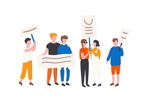 Crowd of LGBT rights activists holding banners and placards. People taking part in mass meeting, parade or rally. Group of protesting sexual minorities. Flat cartoon colorful vector illustration