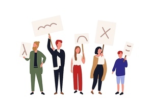 Group of political activists holding banners and placards. People taking part in picketing, mass meeting, parade or rally, demonstration. Protesting men and women. Flat cartoon vector illustration